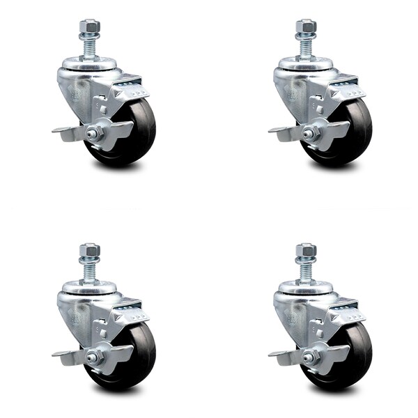 Service Caster 3.5 Inch Hard Rubber Wheel Swivel 12mm Threaded Stem Caster Set with Brake SCC-TS20S3514-HRS-TLB-M1215-4 - main